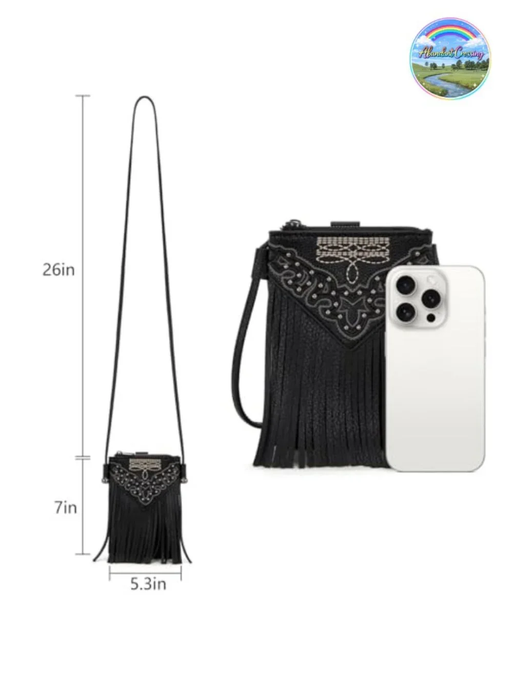 Western Fringe Faux Leather Crossbody Phone Purse with Studs and Embroidery